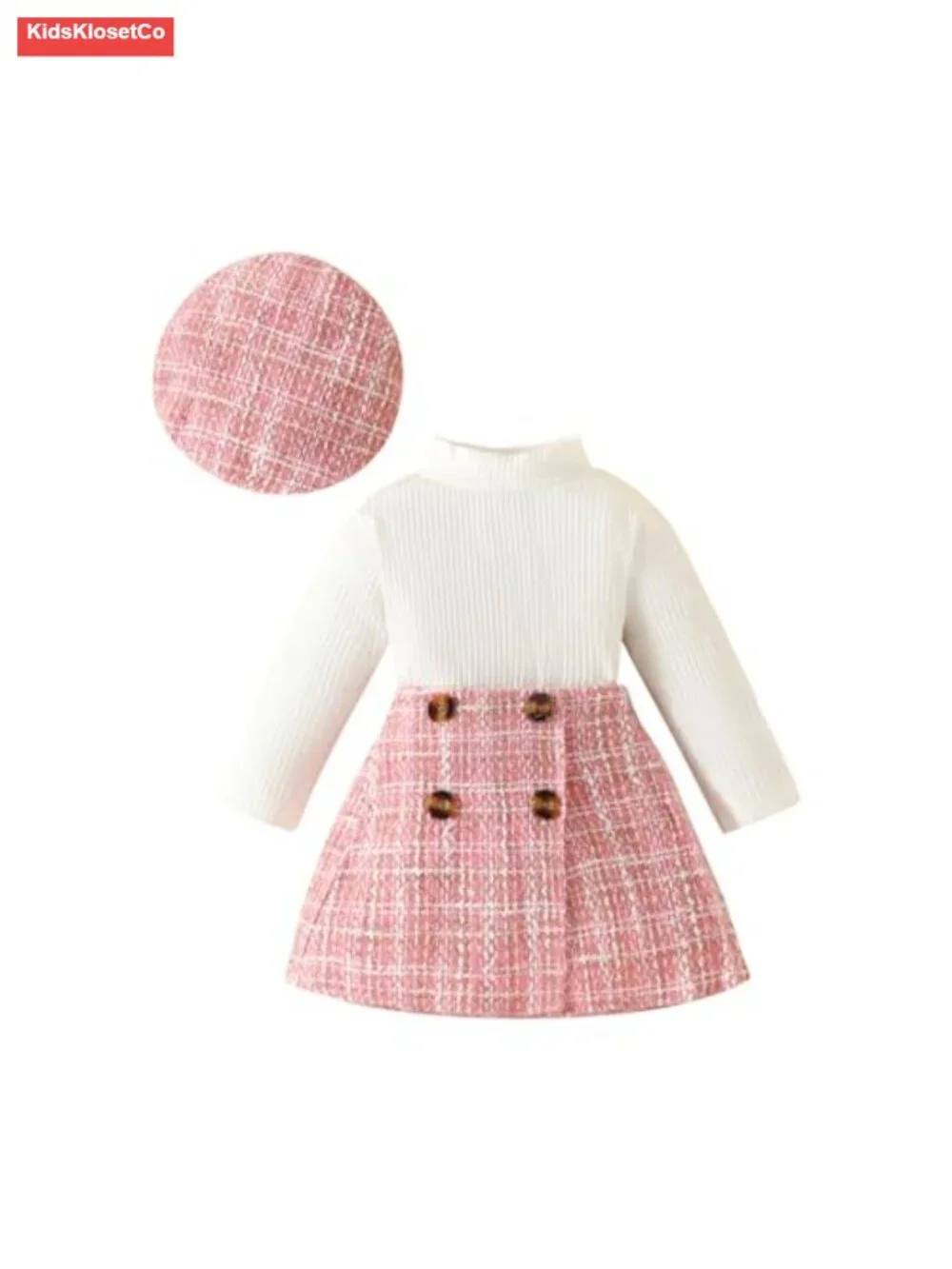 Toddler Girl Ribbed Long Sleeve Top and Plaid Tweed Skirt Outfit with Beret